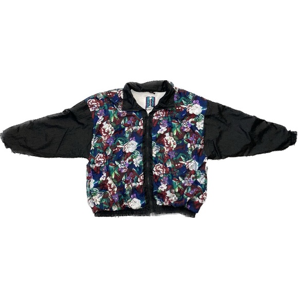 C01 2B Active 80s 90s Floral Windbreaker Bomber Jacket VTG Black Colorful Sz 1X - Picture 2 of 16
